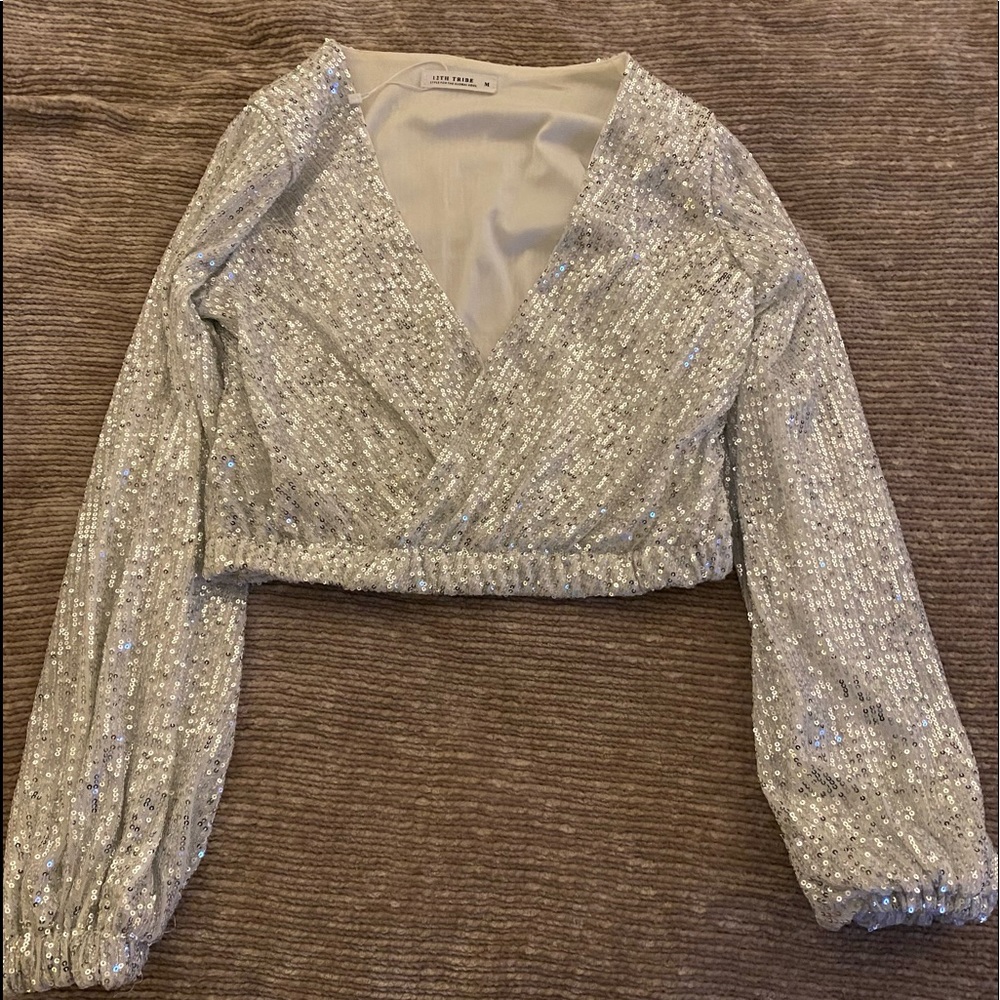 12th Tribe Silver Sequin Top with Lantern Sleeves